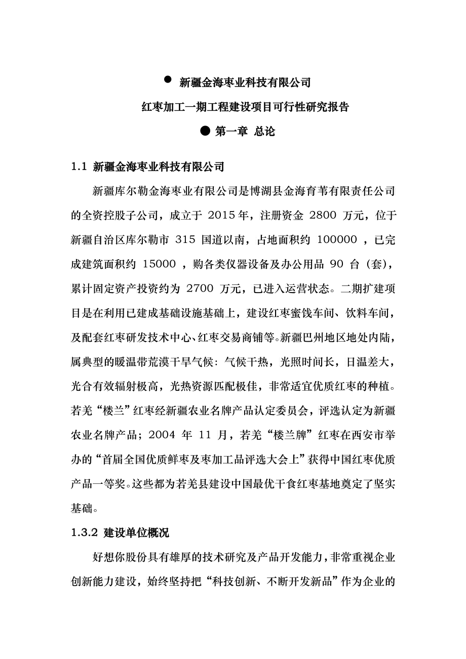 某公司红枣加工工程建设项目可行性研究报告_第1页