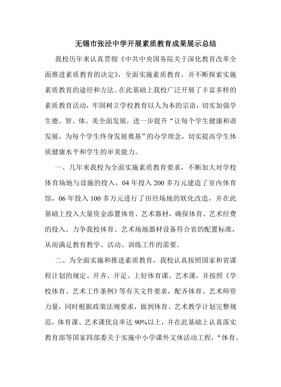 无锡张泾中学开展素质教育成果展示总结_第1页