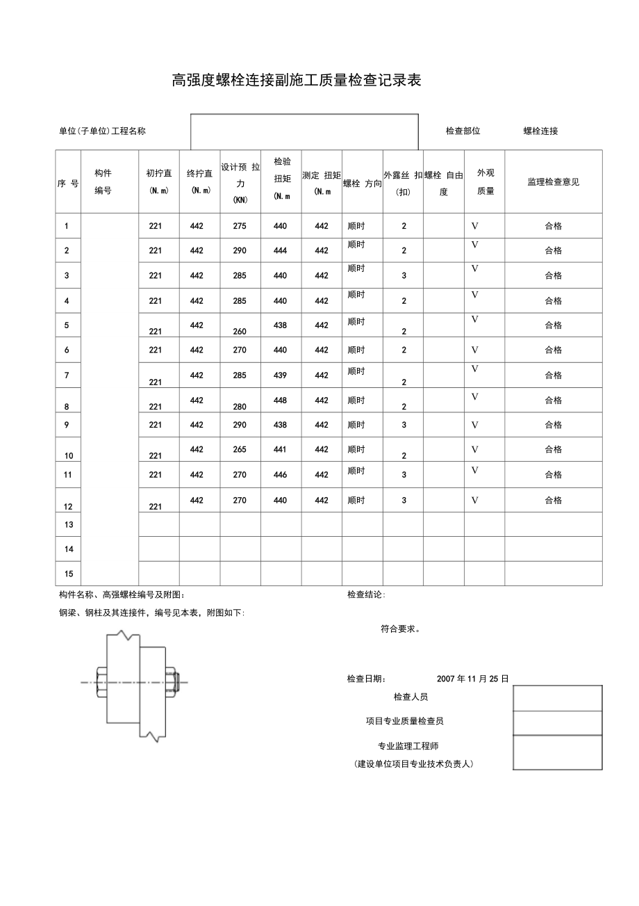 高强度螺栓连接副施工质量检查记录表_第1页