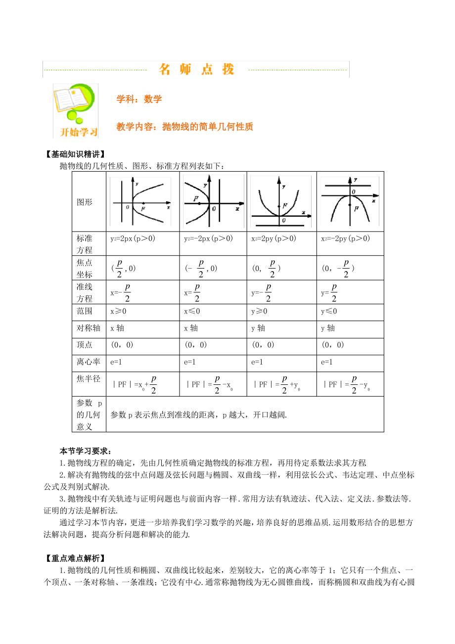 抛物线的简单几何性质学案苏教版_第1页