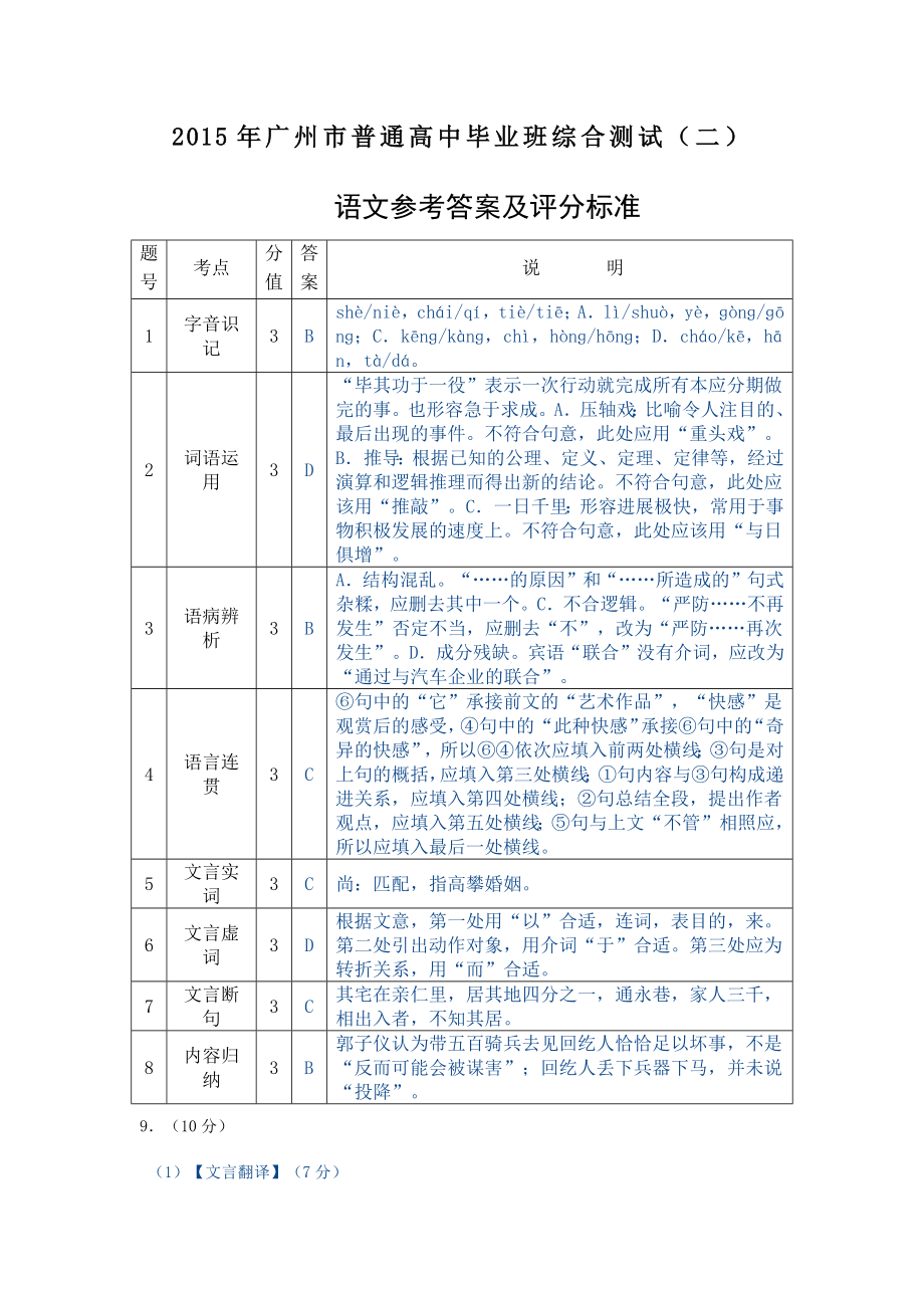 2015年广州市普通高中毕业班综合测试答案_第1页