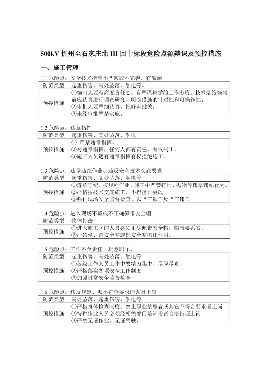 500kV忻州至石家庄北III回十标段危险点源辩识及预控措施(OK_第1页