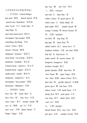 小学英语单词分类表
