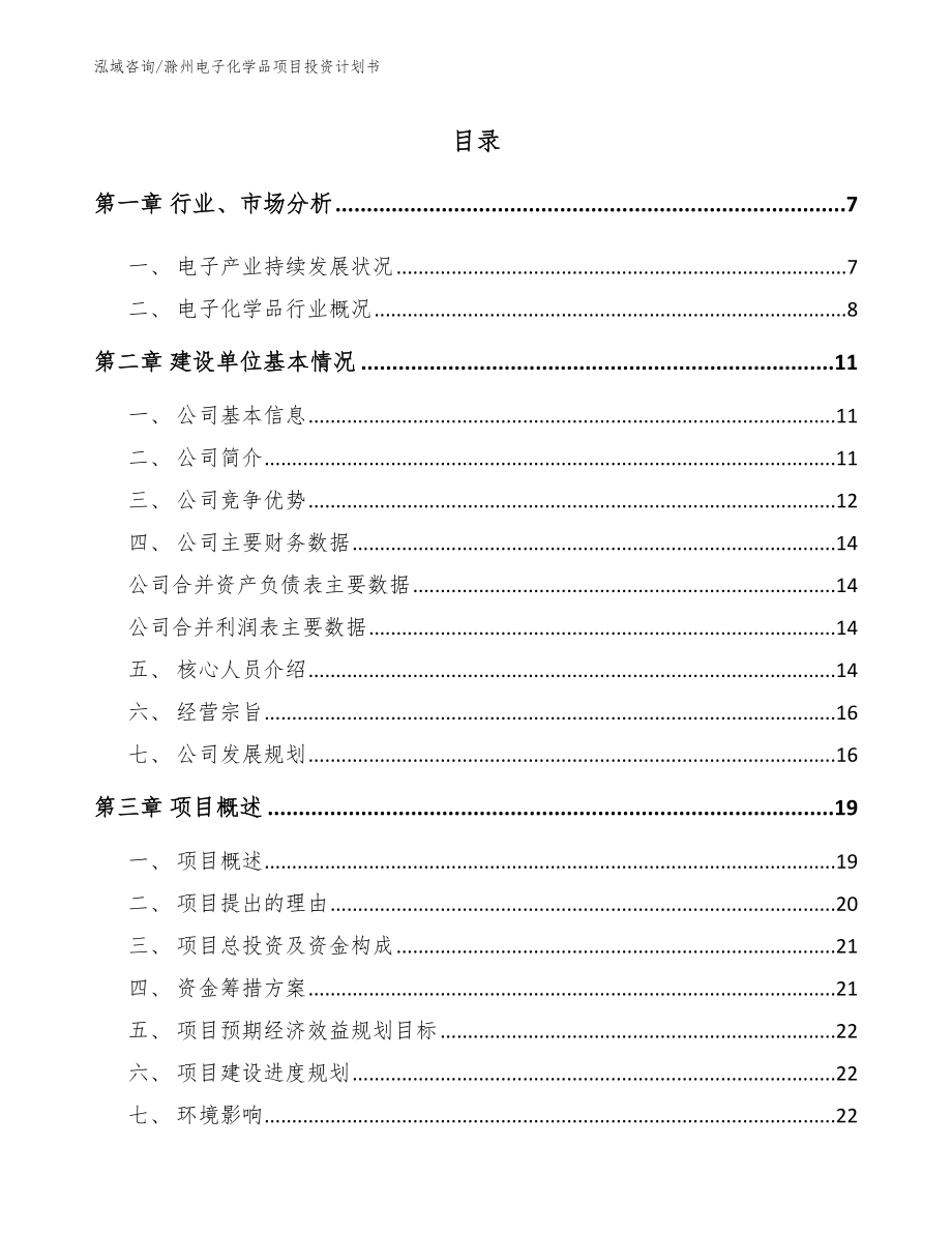 滁州电子化学品项目投资计划书（模板参考）_第1页