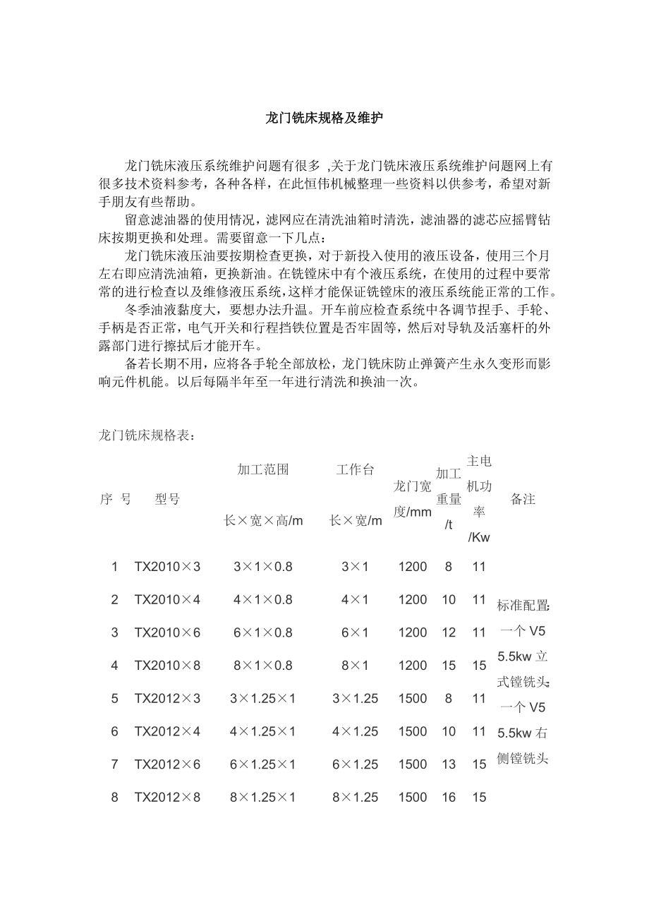 龙门铣床规格及维护_第1页