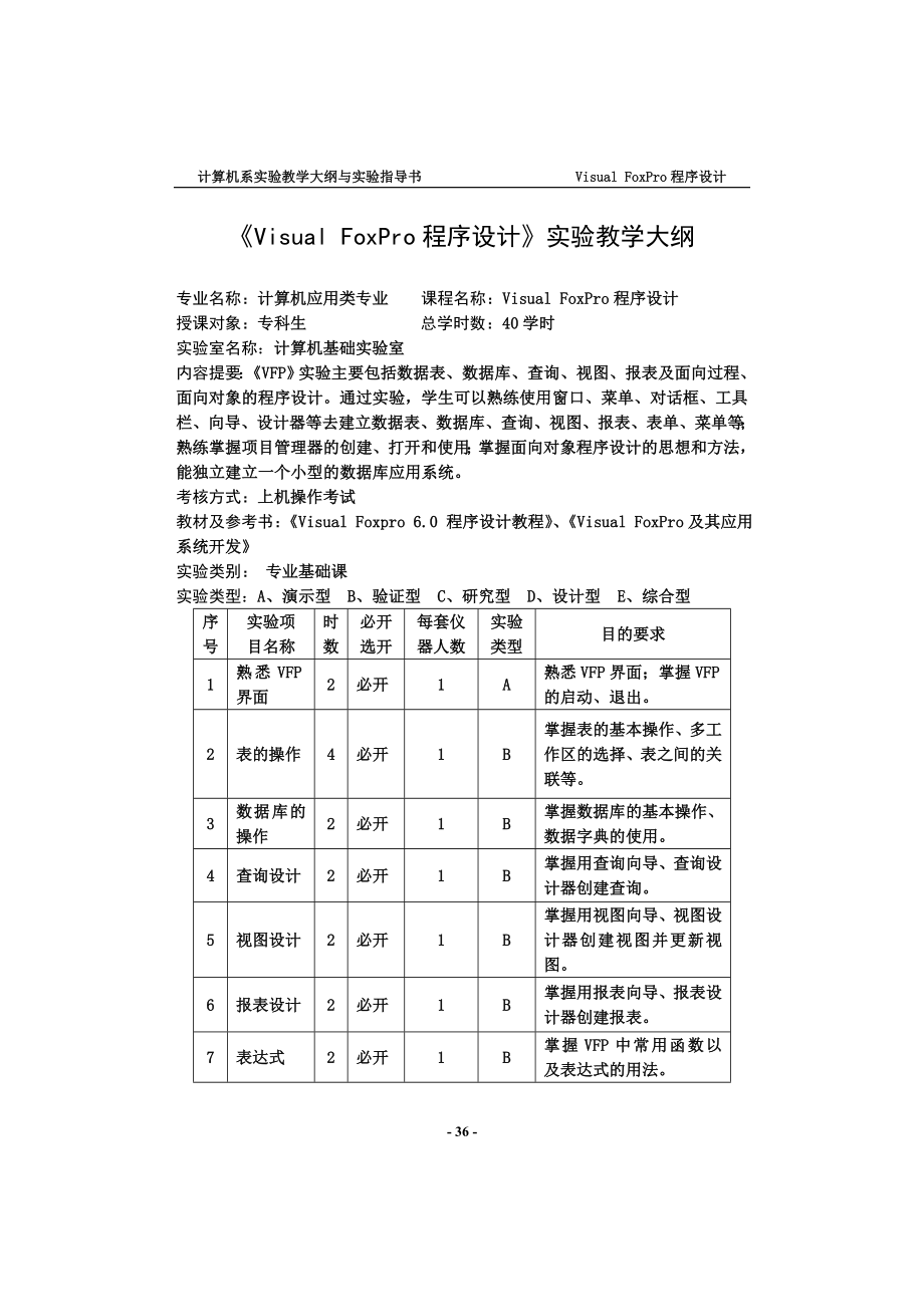 FOXPRO程序设计实验教学大纲_第1页