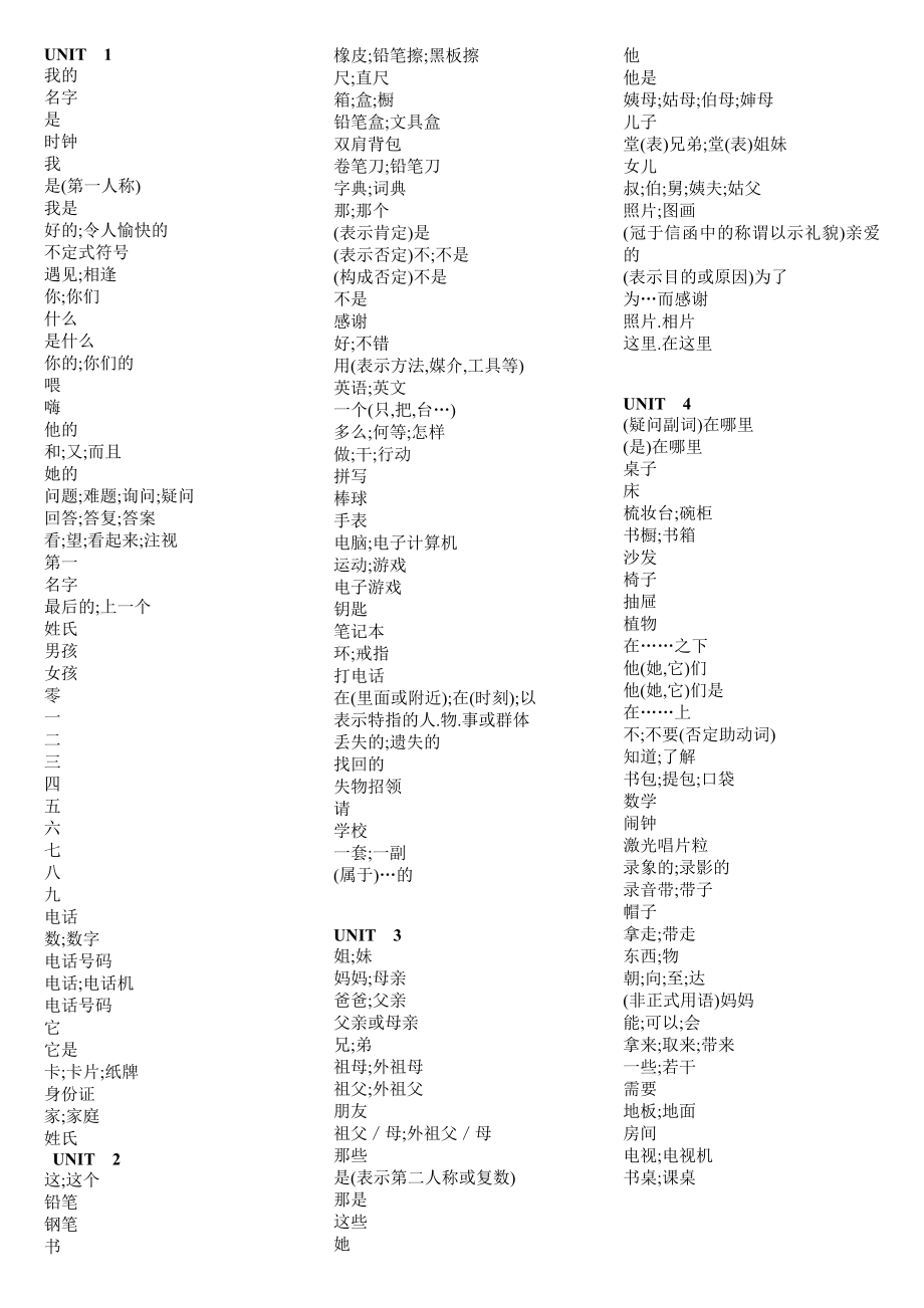 新目标七年级上册词汇表中文_第1页