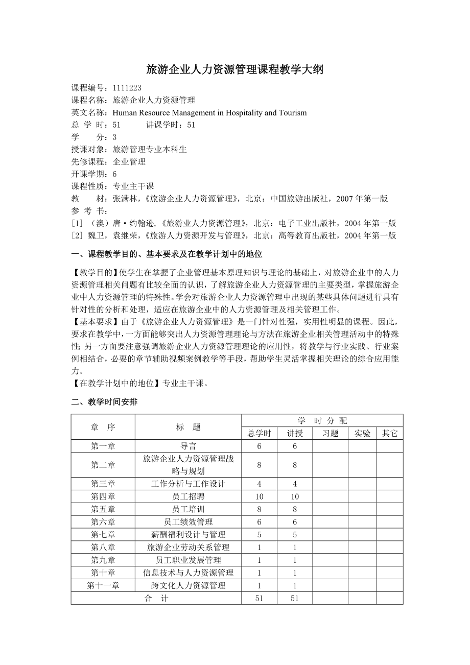 旅游企业人力资源管理课程教学大纲_第1页