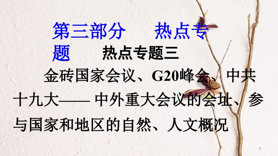 2018中考地理总复习 热点专题三 金砖国家会议、G20峰会、中共十九大课件_第1页