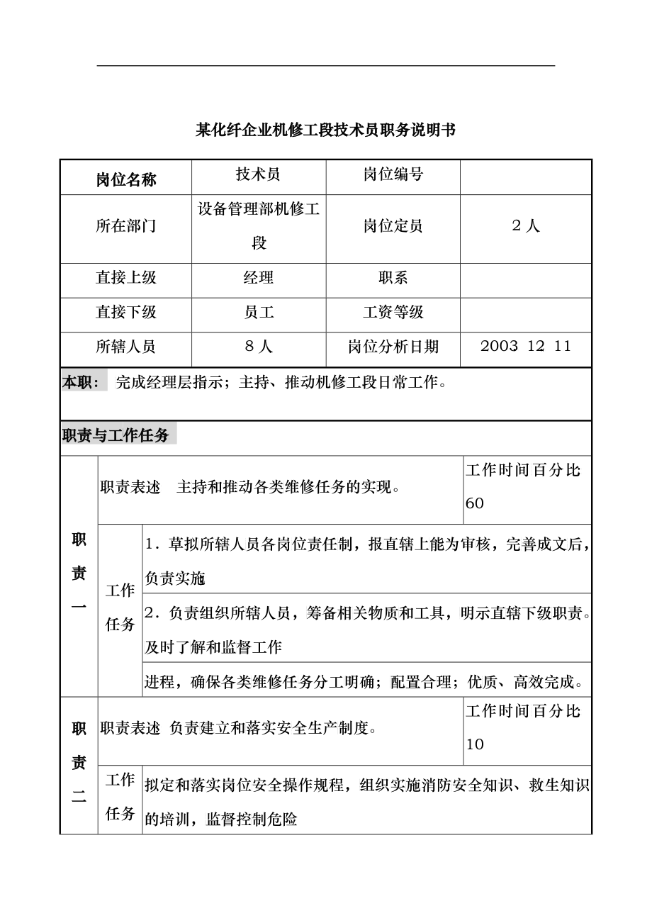 某化纤企业机修工段技术员职务说明书_第1页