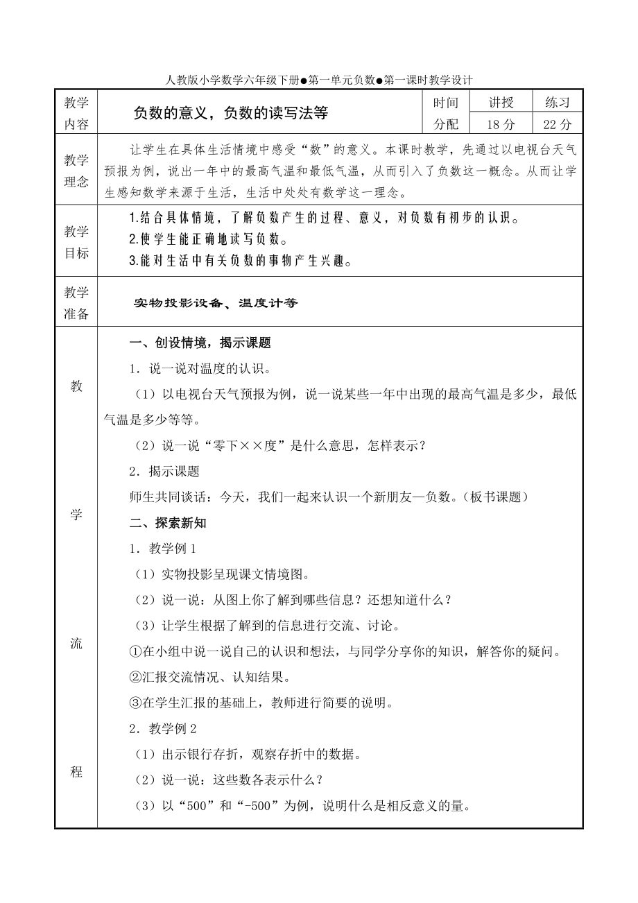 人教版六级数学下册教案表格式_第1页