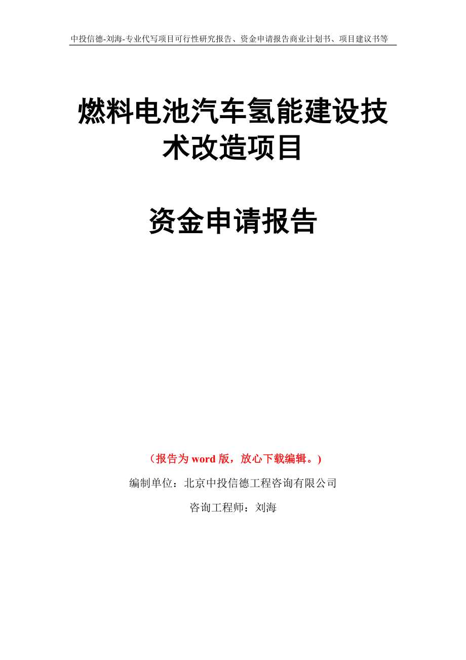 燃料电池汽车氢能建设技术改造项目资金申请报告模板_第1页