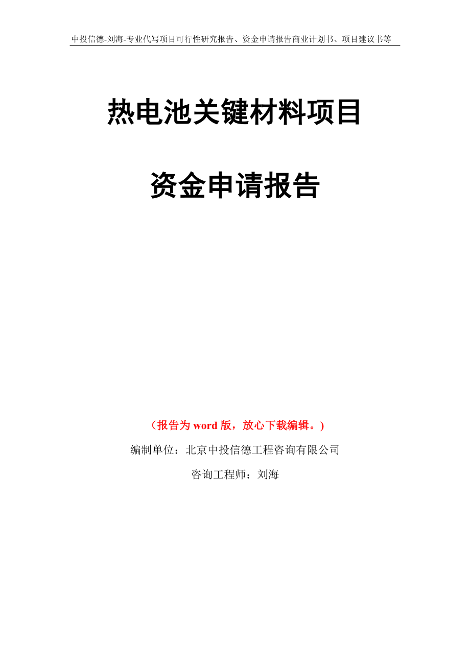 热电池关键材料项目资金申请报告模板_第1页