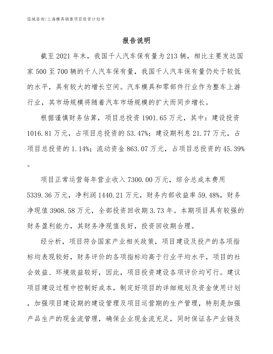 上海模具销售项目投资计划书_第1页