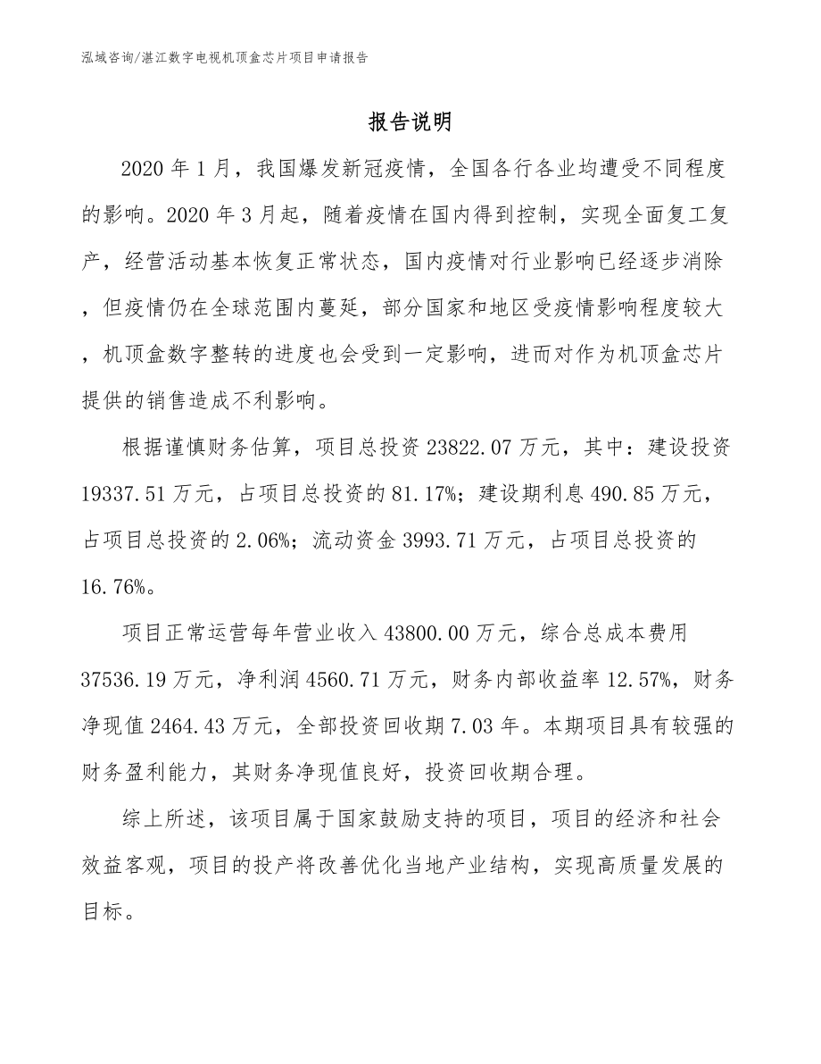 湛江数字电视机顶盒芯片项目申请报告_第1页