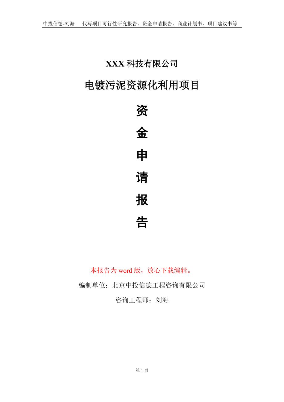 电镀污泥资源化利用项目资金申请报告写作模板_第1页