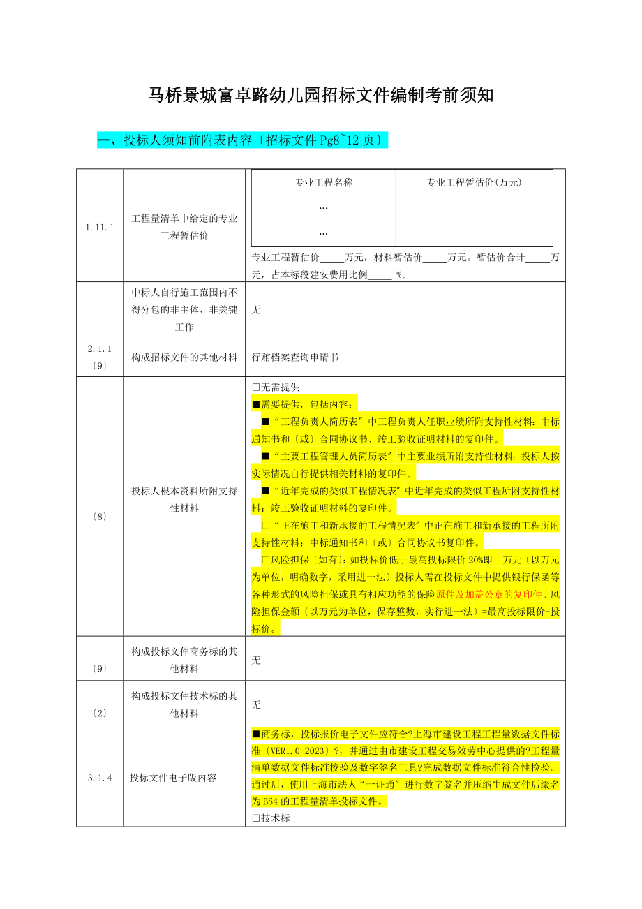 马桥景城富卓路幼儿园投标文件编制注意事项_第1页