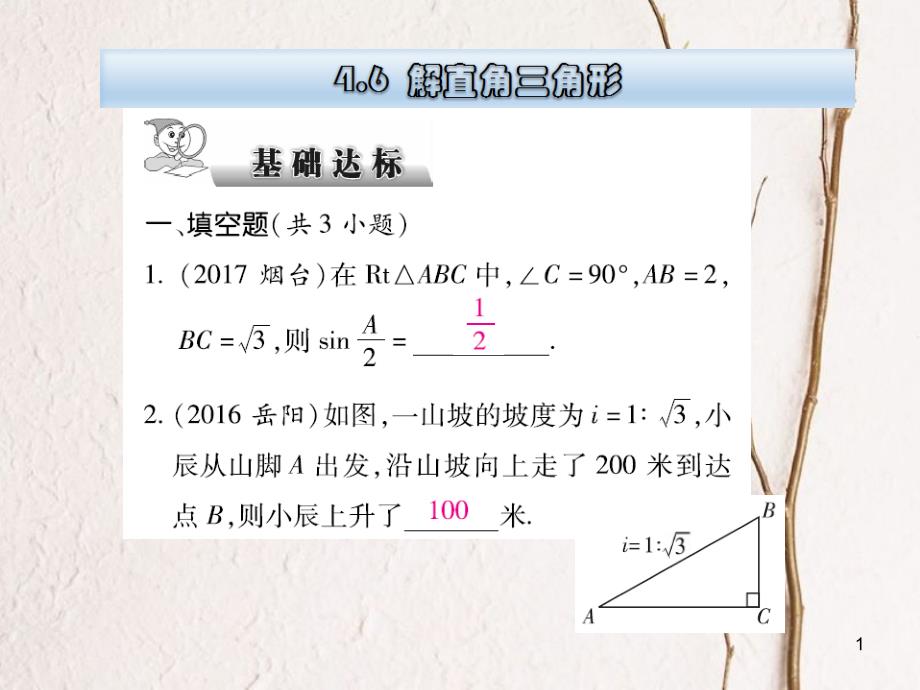 云南省中考数学总复习 第四章 三角形 4.6 解直角三角形课件_第1页