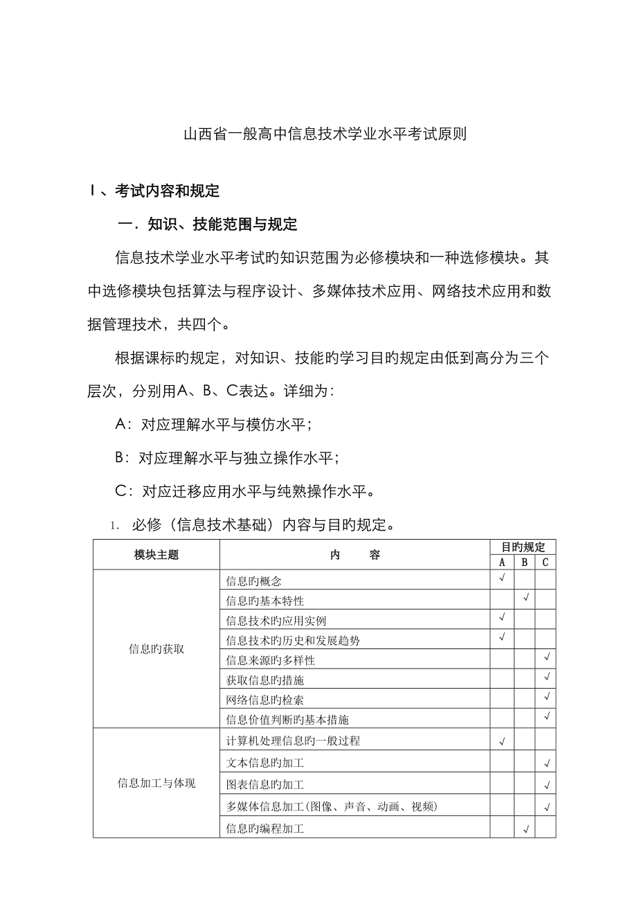 2023年山西省普通高中信息技术学业水平考试标准_第1页