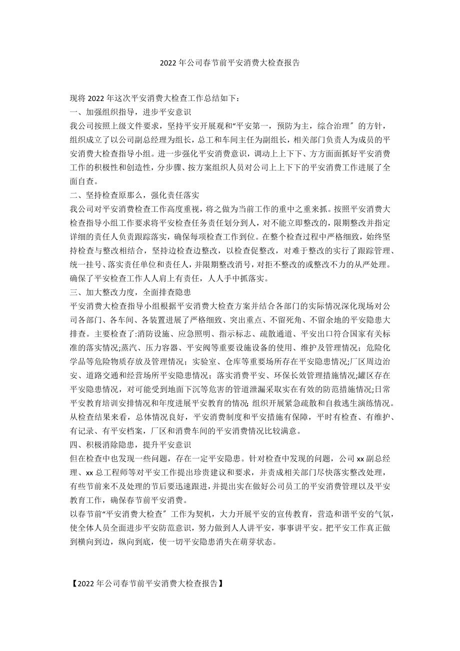 2022年公司春节前安全生产大检查报告_第1页