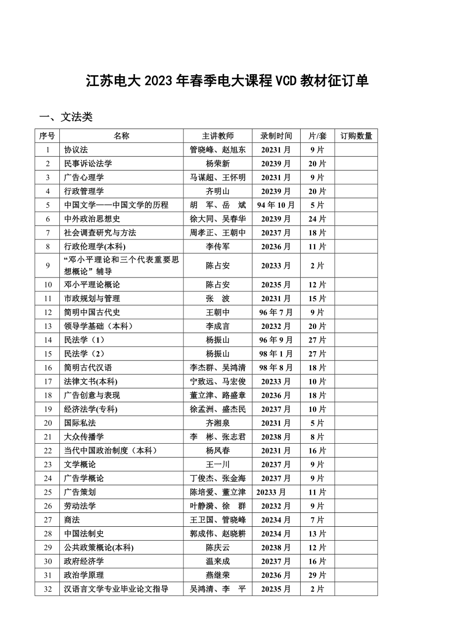 2023年江苏电大春季电大课程VCD教材征订单_第1页