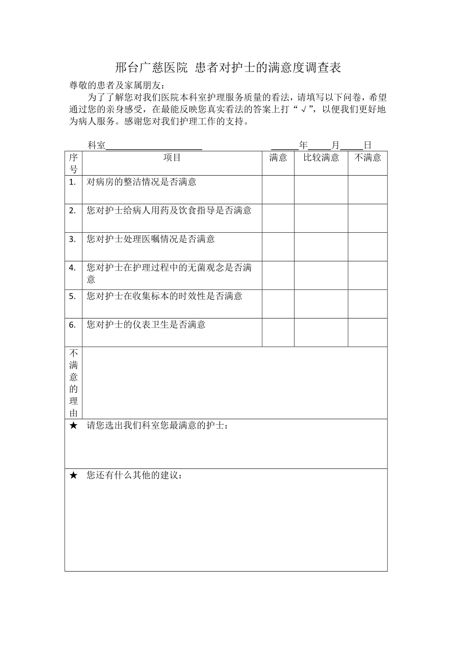 邢台广慈医院 患者对护士的满意度调查表_第1页