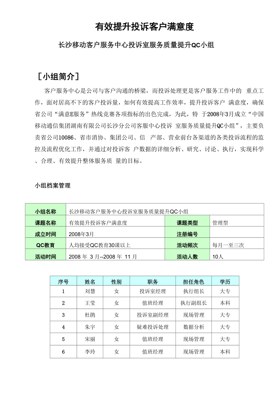 有效提升投诉客户满意度QC小组成果材料_第1页