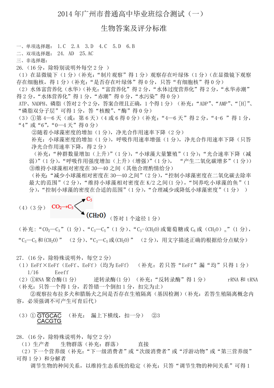 2014广州一模答案及评分标准_第1页