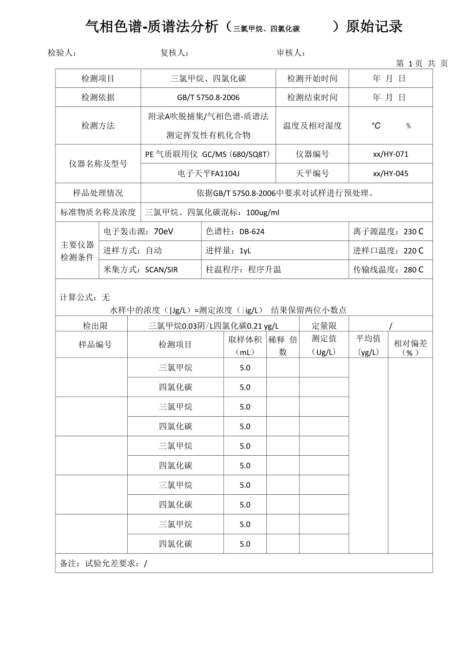 气相色谱-质谱法分析(三氯甲烷、四氯化碳)原始记录_第1页