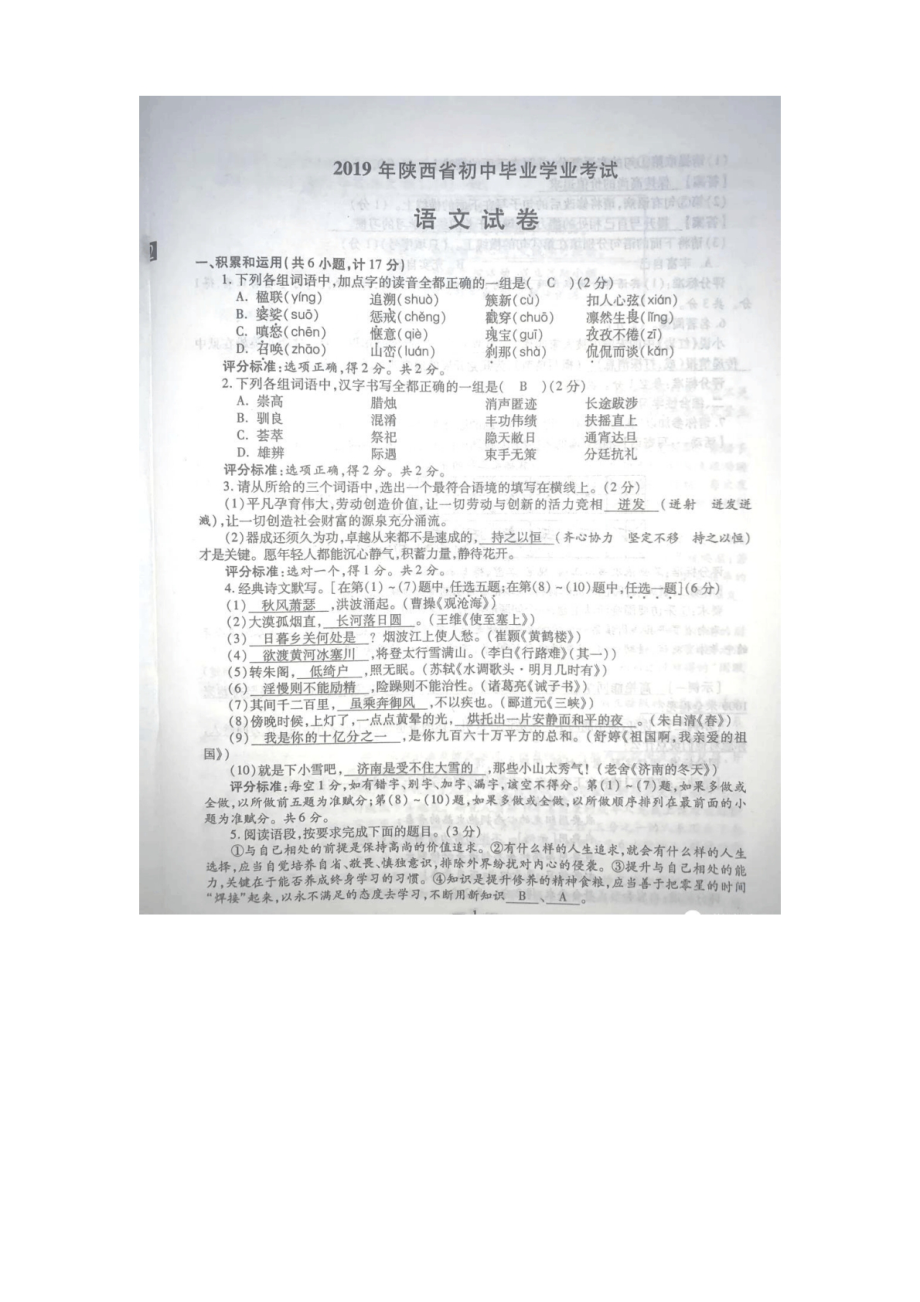 2019年陕西省中考语文试题及答案解析版_第1页