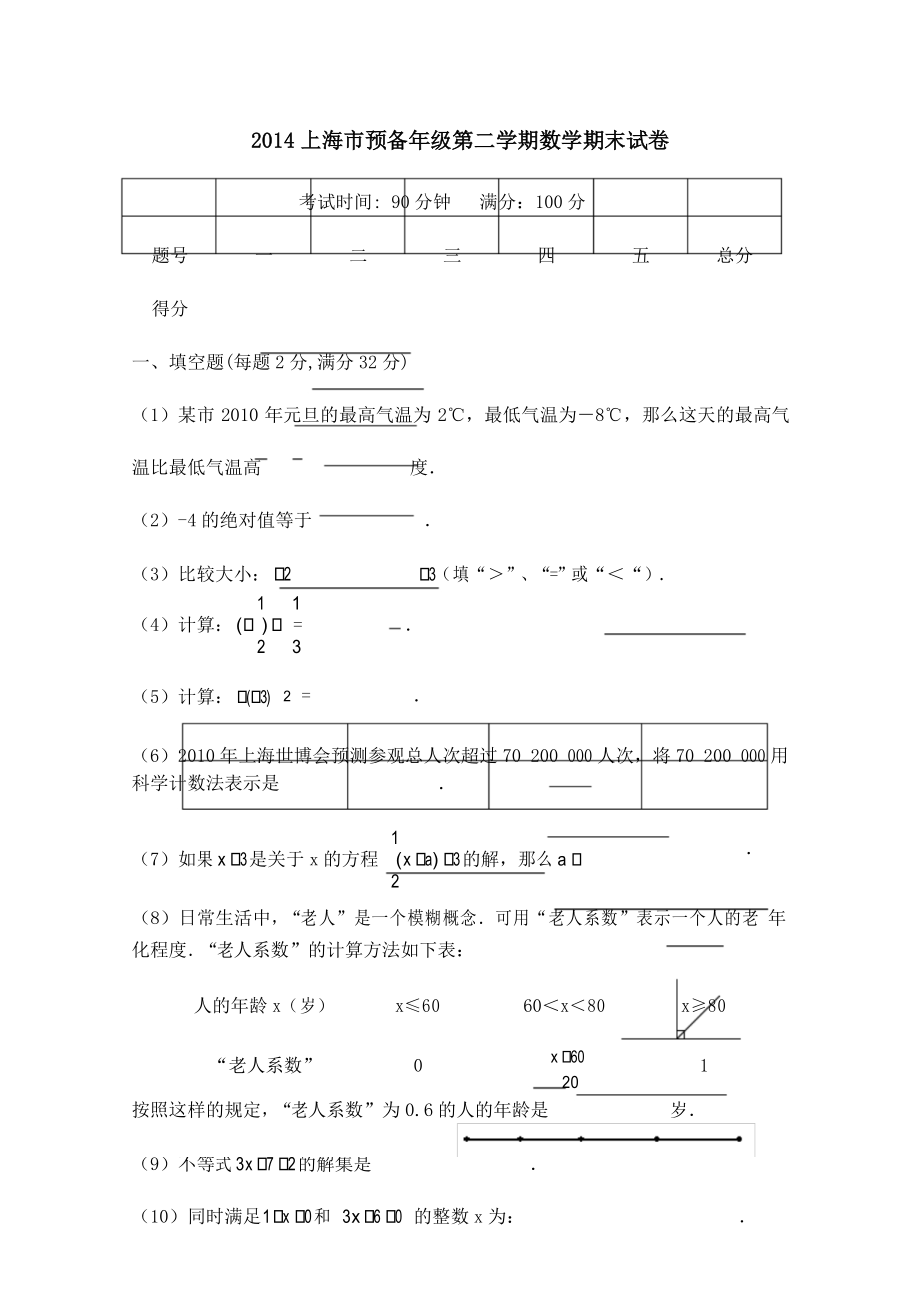 上海市文来中学预备年级第二学期数学期末试卷_第1页