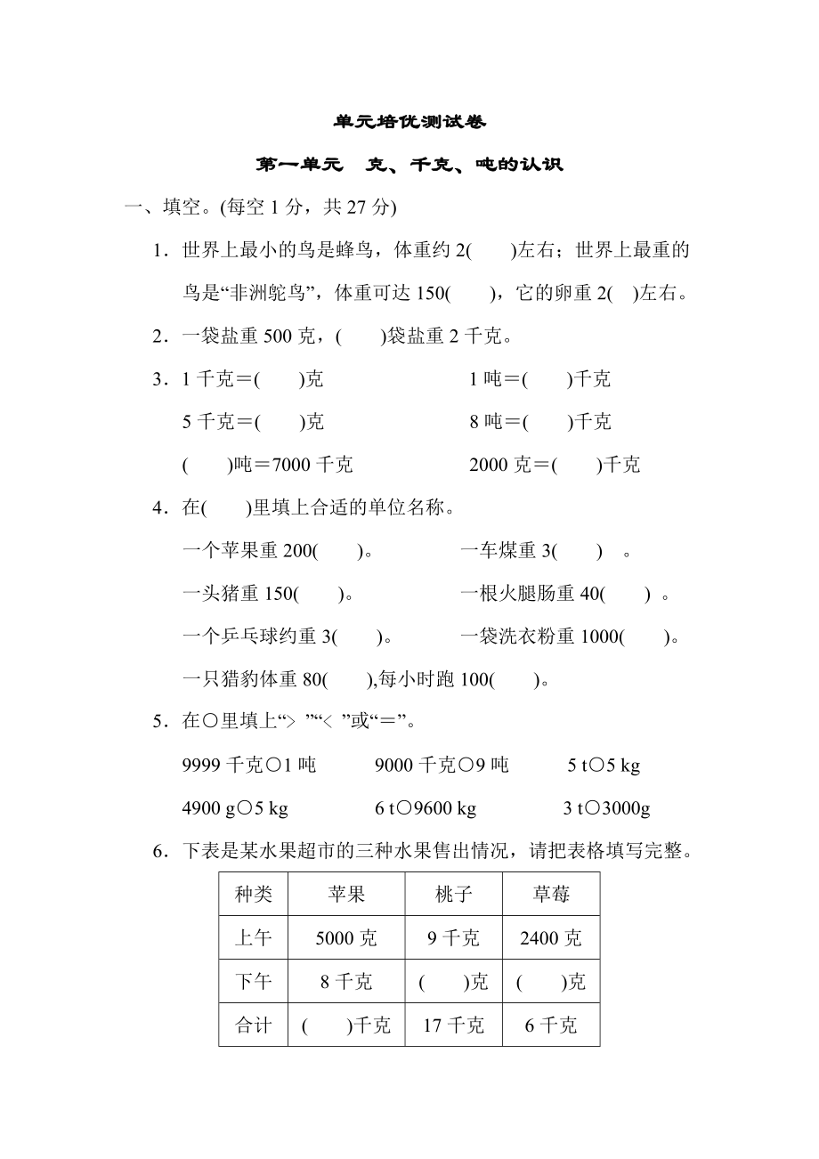 青岛版三年级上册数学 第一单元　克、千克、吨的认识 测试卷_第1页