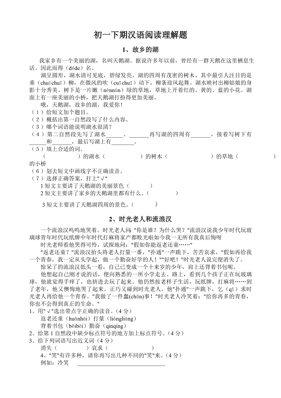 初一下期汉语阅读理解复习资料_第1页