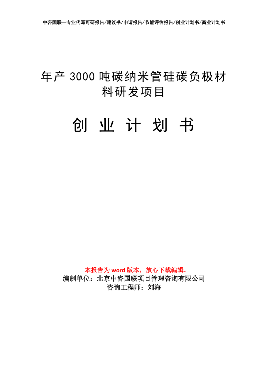 年产3000吨碳纳米管硅碳负极材料研发项目创业计划书写作模板_第1页