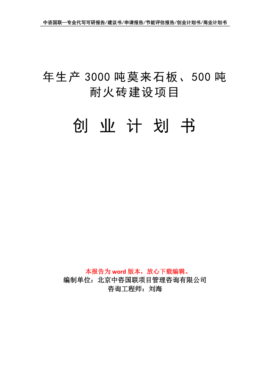 年生产3000吨莫来石板、500吨耐火砖建设项目创业计划书写作模板_第1页