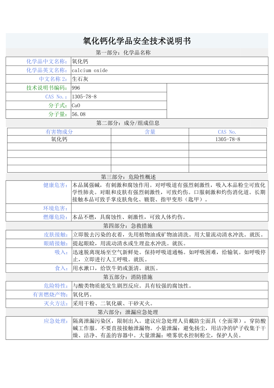 氧化钙化学品安全技术说明书_第1页