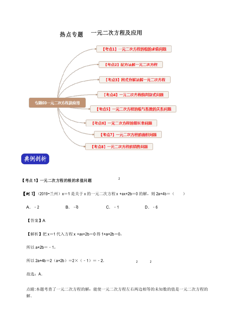 2020年中考数学压轴题热点专练附解答： 一元二次方程及应用_第1页