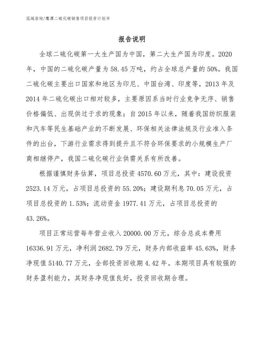 鹰潭二硫化碳销售项目投资计划书_第1页