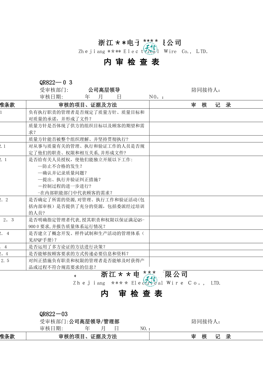 XX公司内审检查表（DOC 50页）_第1页