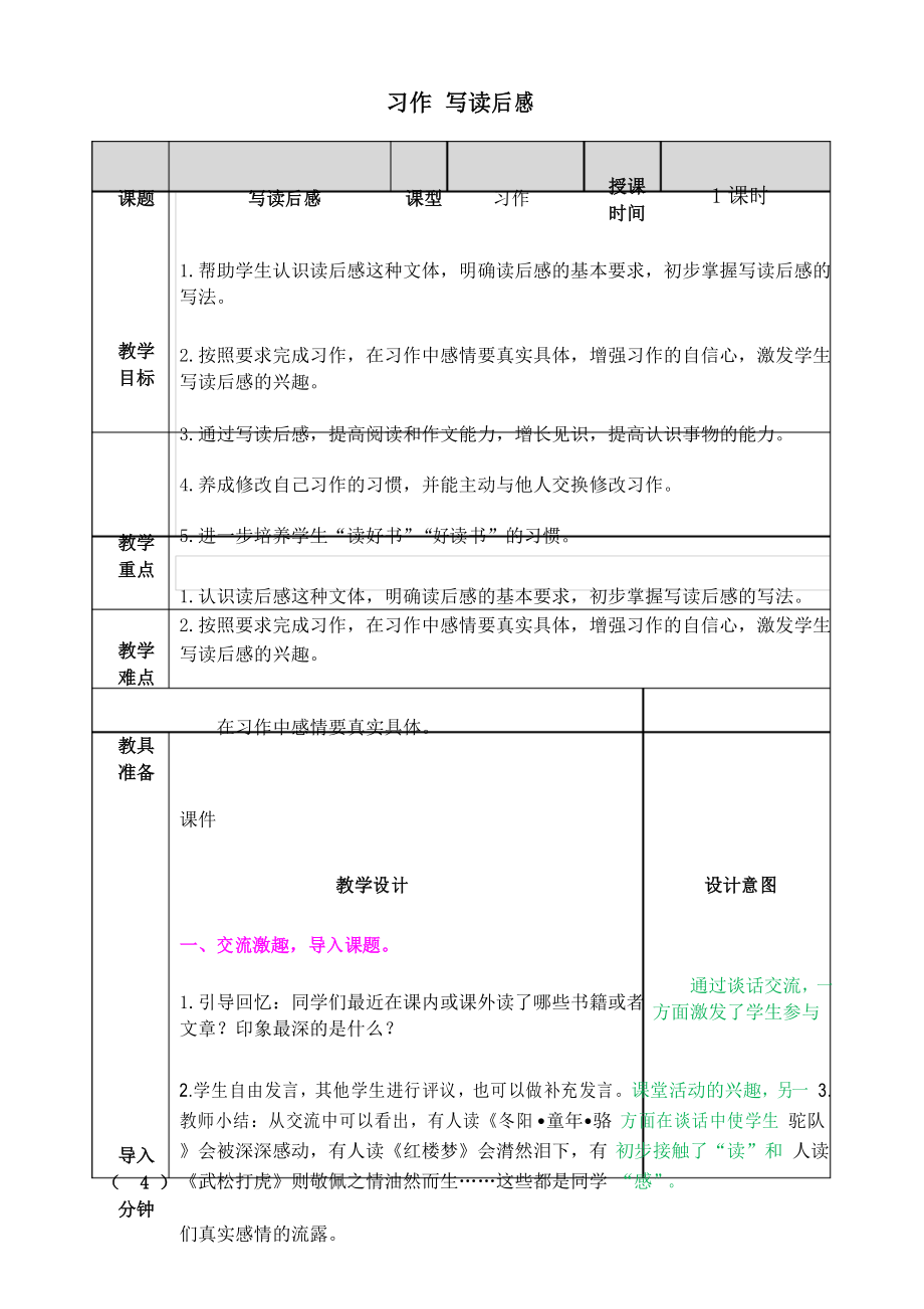 部编人教版五年级语文下册第二单元《习作：写读后感》教案(含教学反思)_第1页