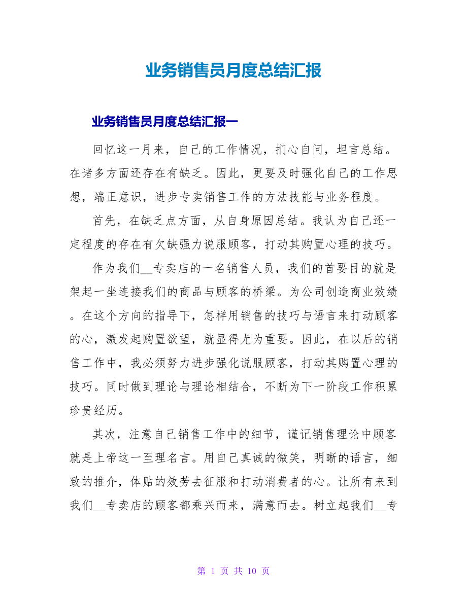 业务销售员月度总结汇报_第1页