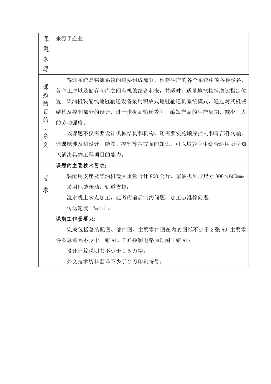 柴油機裝配線鏈?zhǔn)捷斔驮O(shè)備的設(shè)計及控制任務(wù)書_第1頁