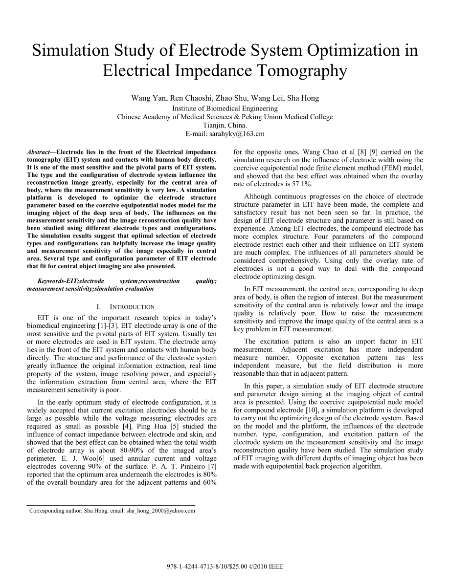 外文资料-- Simulation Study of Electrode System Optimization in Electrical Impedance Tomography_第1页