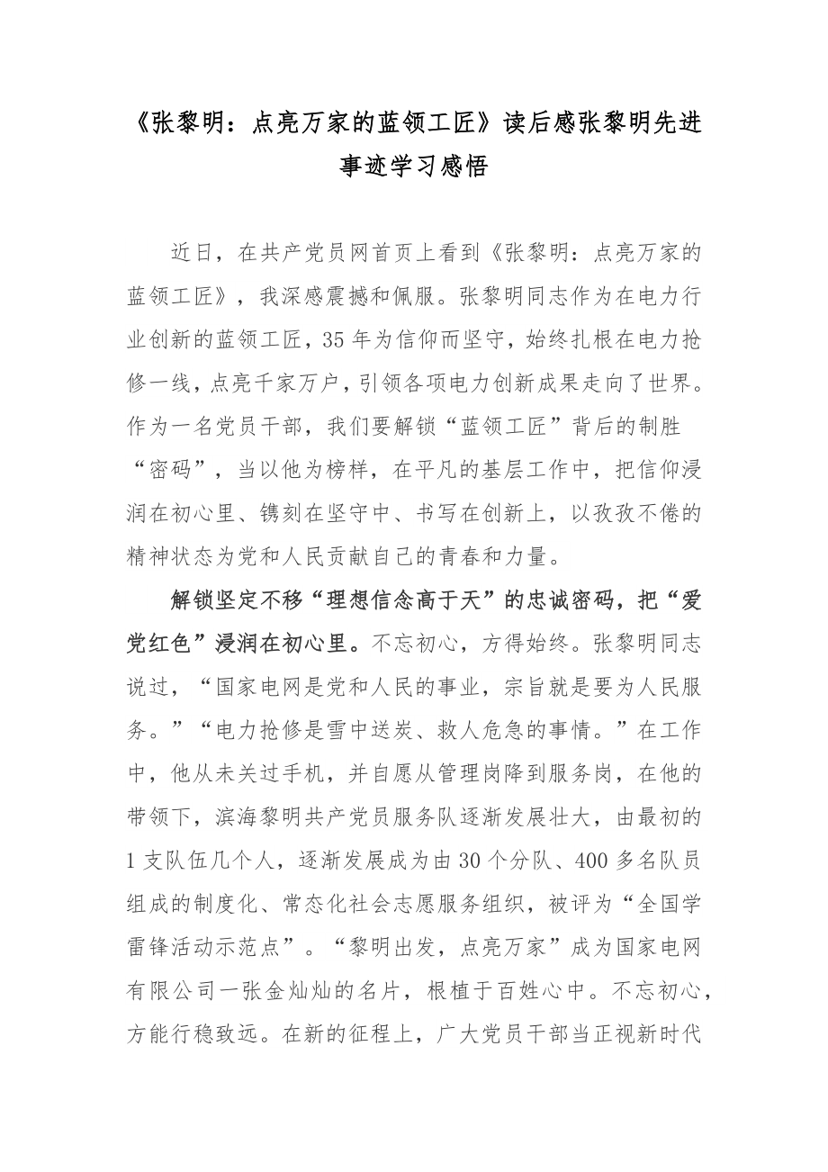 《张黎明：点亮万家的蓝领工匠》读后感张黎明先进事迹学习感悟_第1页