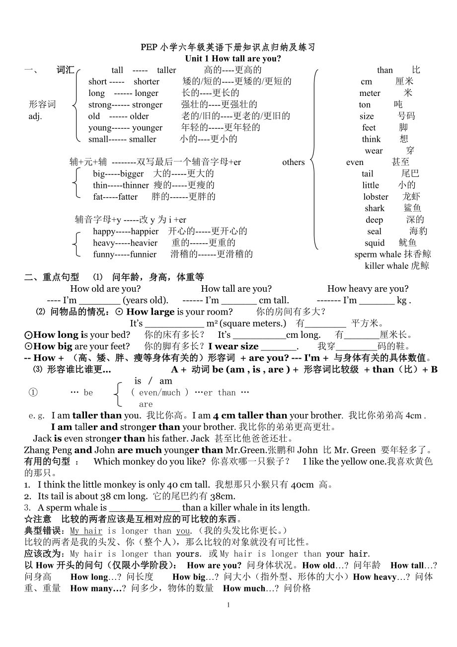 PEP小学六年级英语下册知识点归纳及练习4_第1页