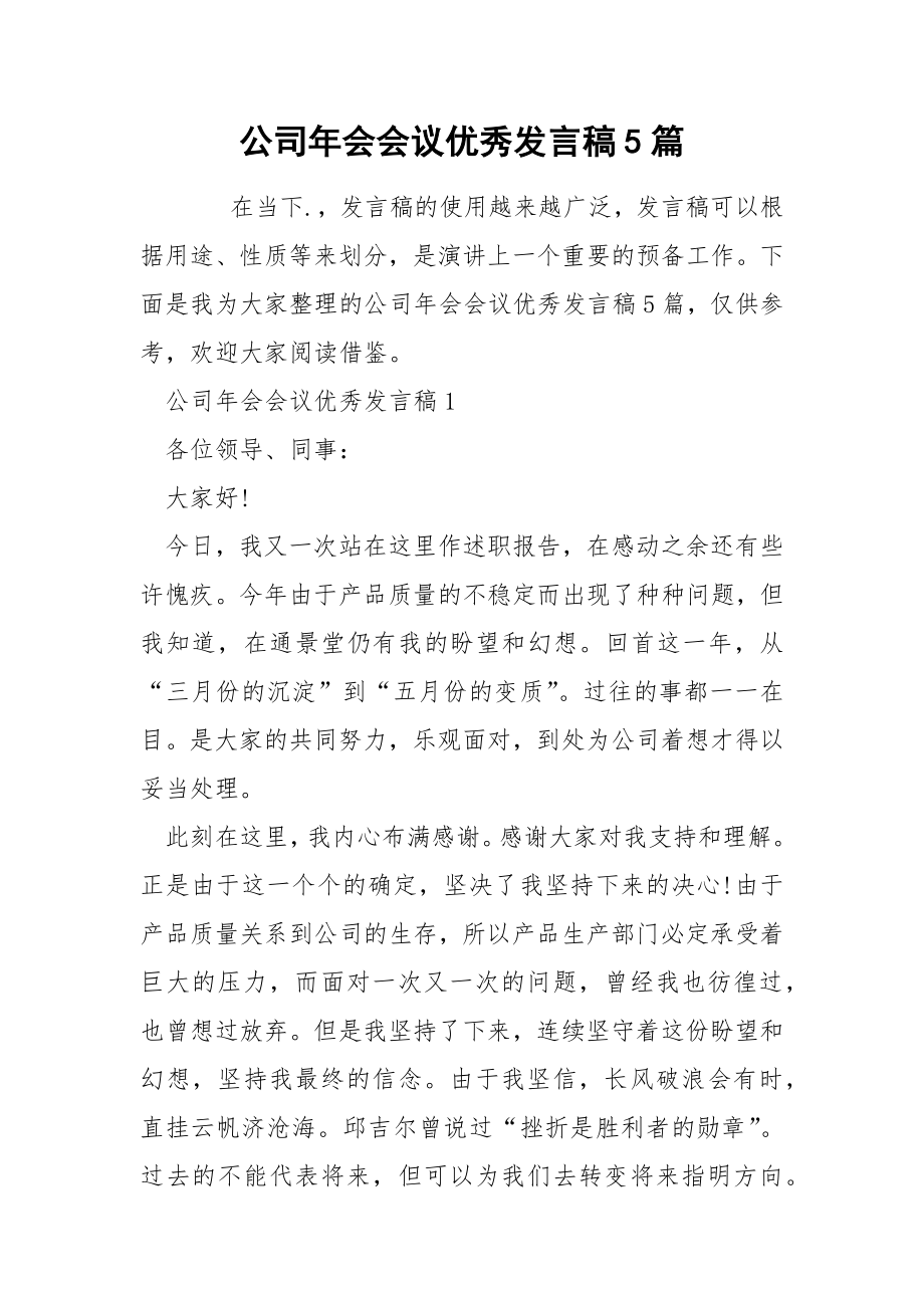 公司年会会议优秀发言稿5篇_第1页