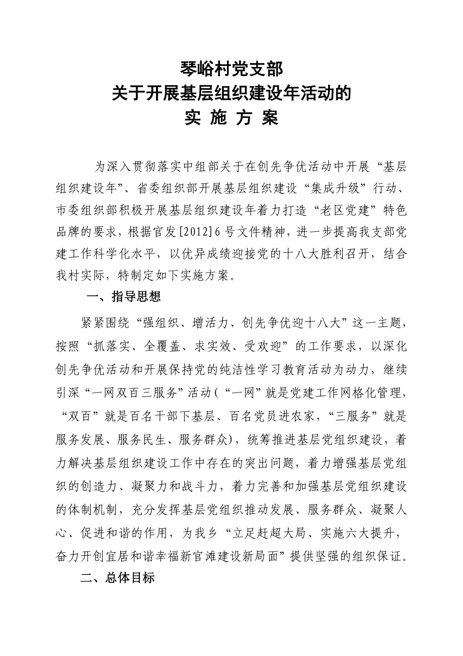 琴峪村党支部开展基层组织建设年活动的实施方案_第1页