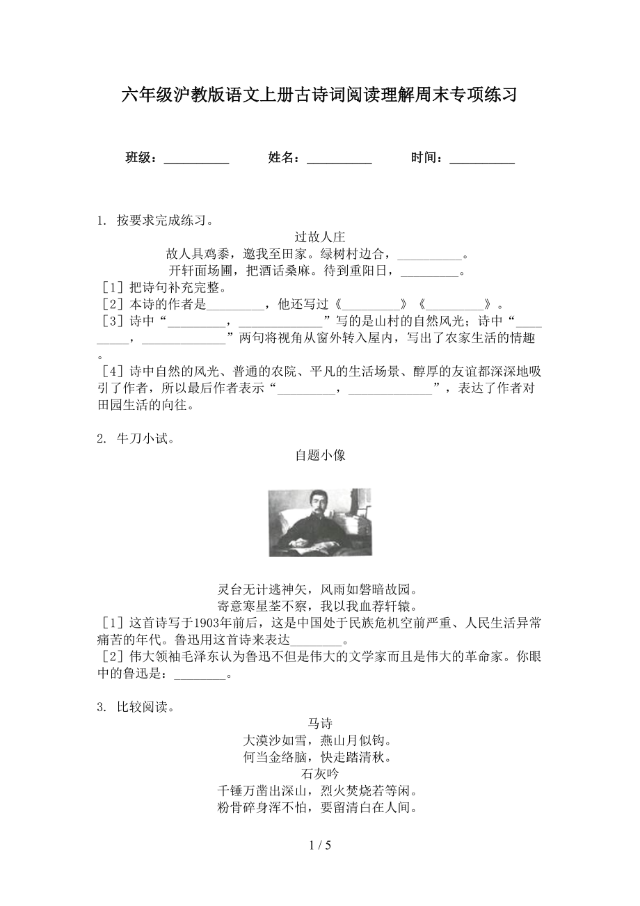 六年级沪教版语文上册古诗词阅读理解周末专项练习_第1页