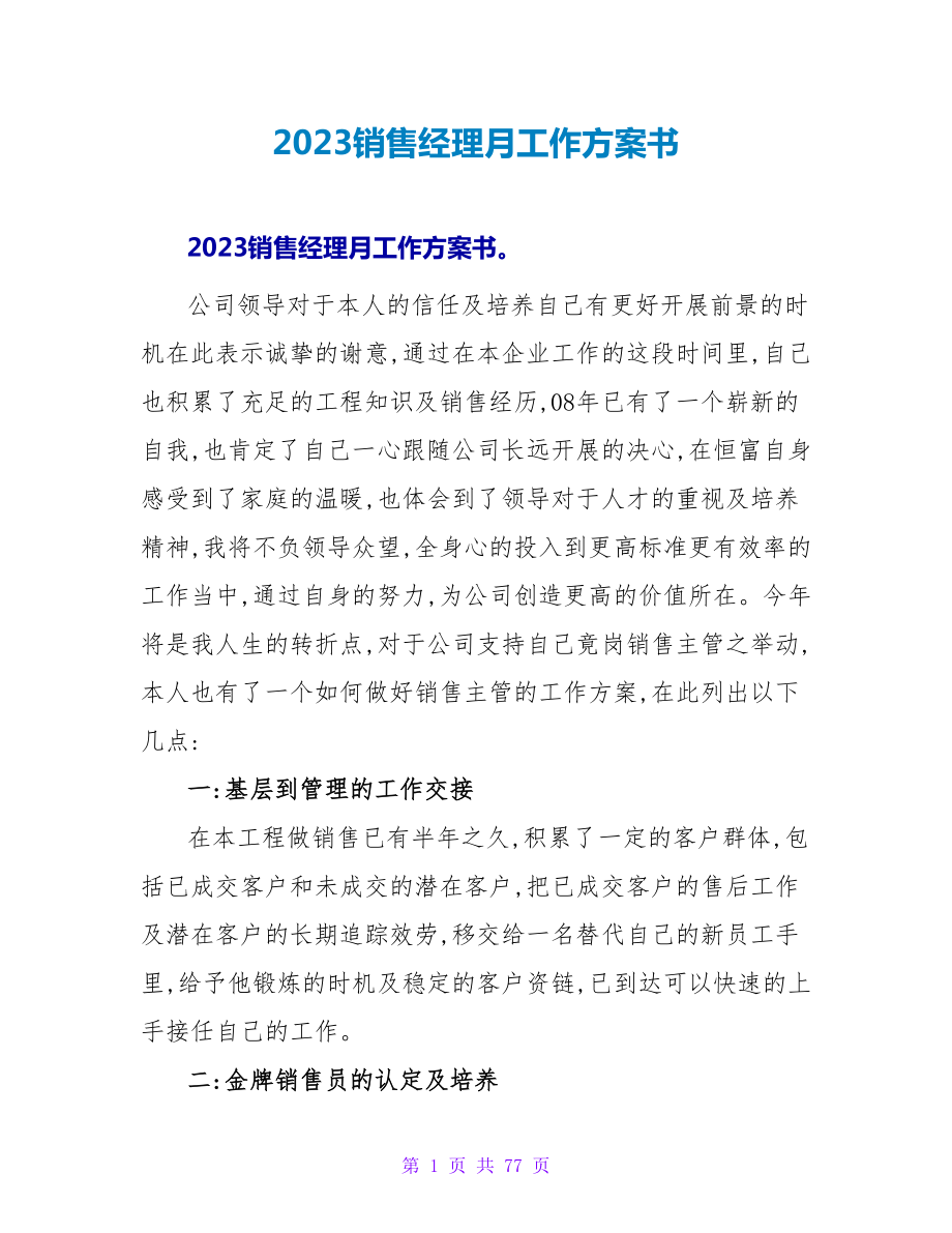 2023销售经理月工作计划书_第1页