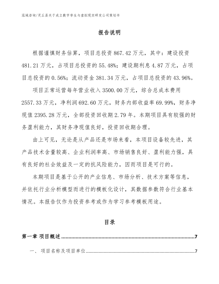 灵丘县关于成立数字孪生与虚拟现实研发公司策划书（范文模板）_第1页